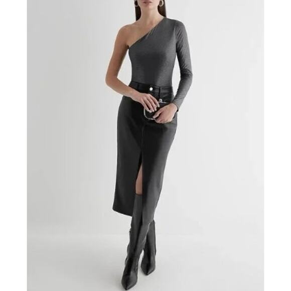 New NWT Express Body Contour One Sleeve Metallic Thong Body Suit XL Black Silver - Picture 3 of 10